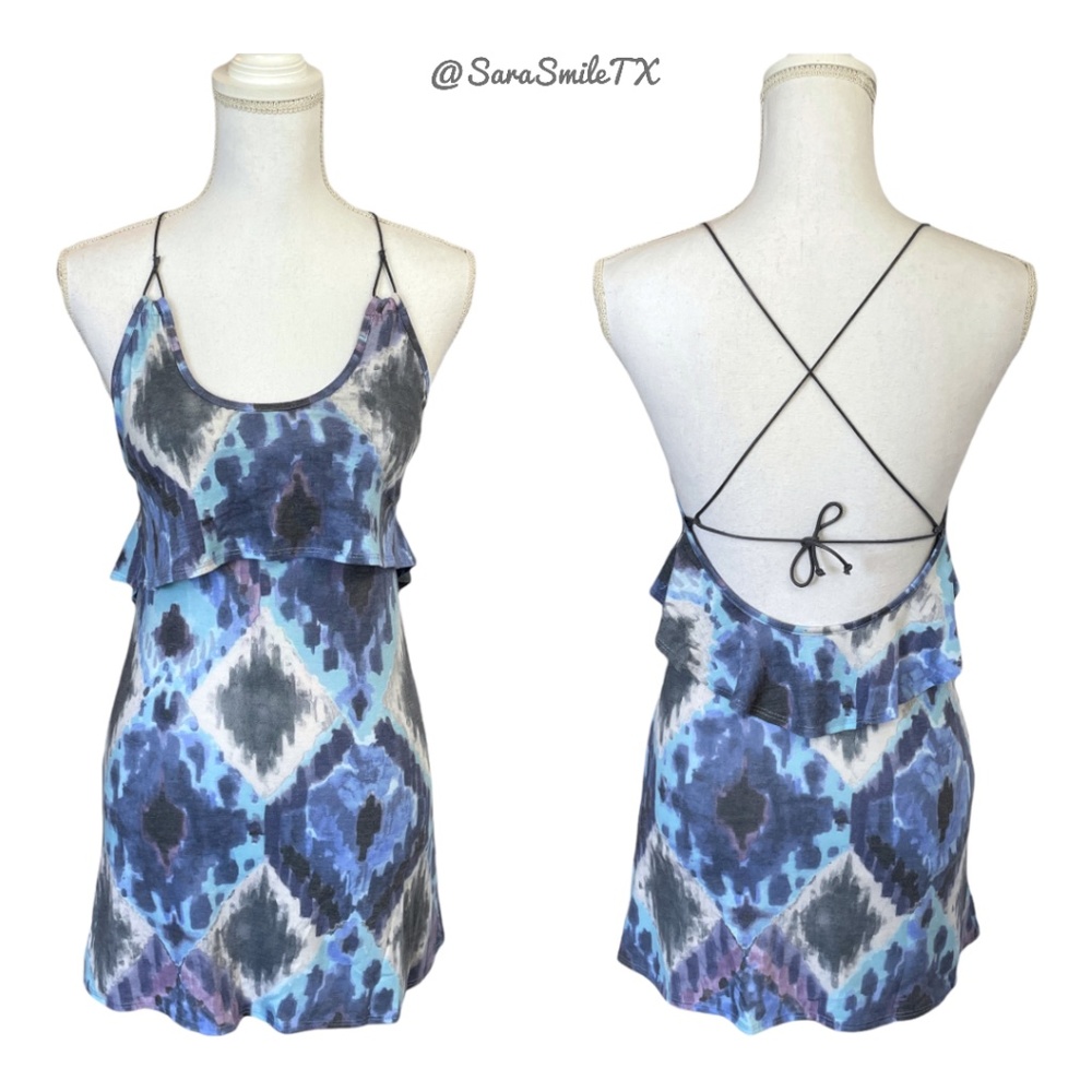 FOR LOVE AND LEMONS Boho Ikat Print Ruffle Trim Open Back Mini Dress - RARE!